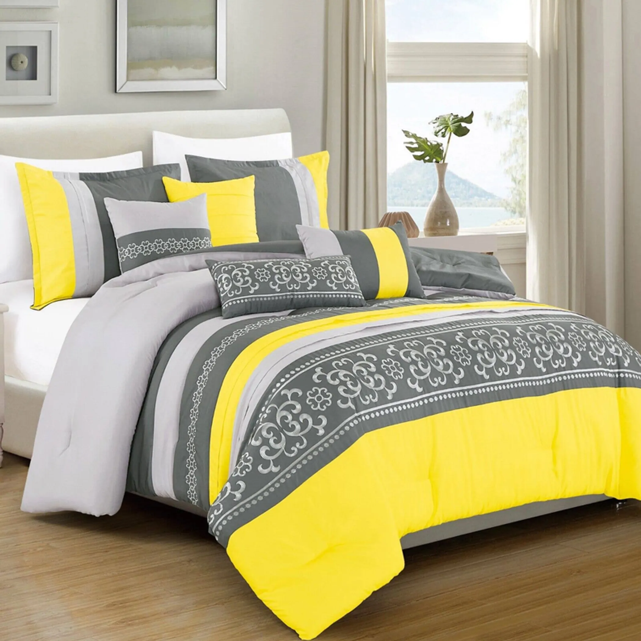 7 Piece Comforter Set Yellow Grey Boho Minimal Soft Bedding